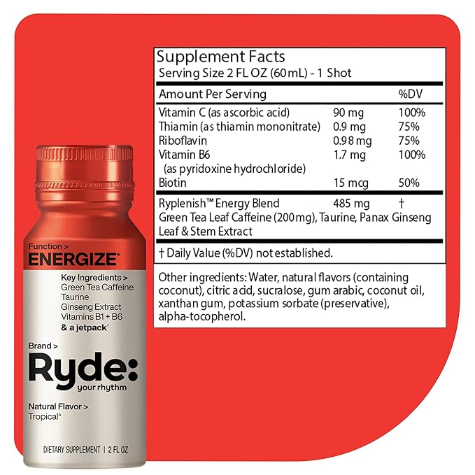 Ryde: Energize Shot | Tropical Flavor | Green Tea Caffeine, Taurine, Ginseng Extract & B Vitamins | 0 Calories, 0 Sugar | 2 FL OZ Shots | Boosts energy* (8 Pack)