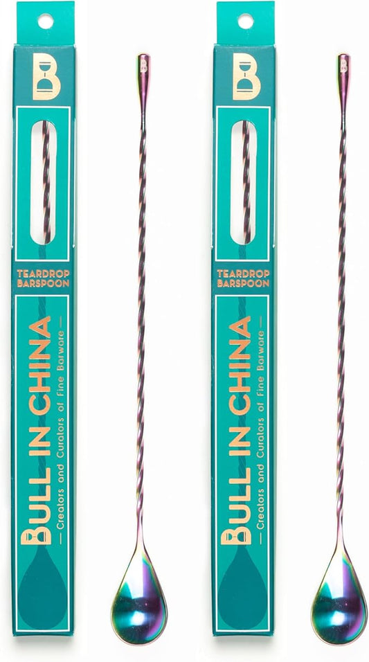 Teardrop Barspoon by Bull In China - 12" / 30cm Rainbow Weighted Cocktail Stirring Spoon With Spiral Pattern for Bars & Bartenders