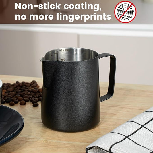 HOMEE Milk Frothing Pitcher,Espresso Steaming Pitcher Stainless Steel 12oz,Milk Frothing Jug With V-shaped Spout and Teflon Coating,Barista Tool Milk Steam Pitcher for Kitchen Bar, Latte Art
