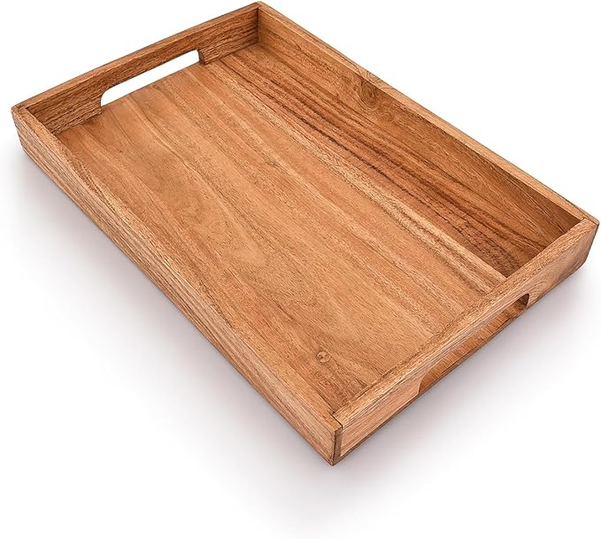 Samhita Acacia Wood Serving Tray with Handles,Wooden Tray, Snack Tray, Breakfast Tray, Great for, Breakfast, Coffee Tables, Homes, Restaurant|Size- 15" x 10" x 1.6"