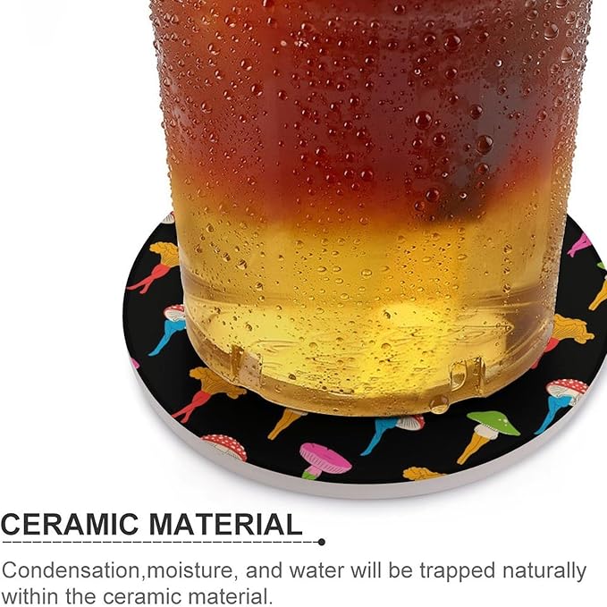 Round-4PCS Botanical Ceramic Coasters, Round Absorbent Drink Coasters, Cartoon Botanical Colorful Mushroom Pattern Ceramic Table Coasters for Coffee, Beverage, Wine, Beer Coasters