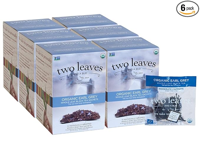 Two Leaves and a Bud Organic Earl Grey Tea Bags, Whole Leaf Caffeinated Black Tea in Compostable Sachets, 15 Count (Pack of 6)