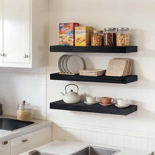 Floating Wall Shelves 24x6.8x1.7 Inch – Solid Wood Rustic Shelves in Black Finish – Wall Mounted Display Shelf for Bathroom, Kitchen, Bedroom – Set of 3