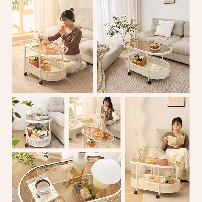Side Table Glass Top Movable End Table Coffee Station Table, Metal Coffee Bar Stand Cart with Storage Coffee Table on Wheels,for Home Kitchen, Entryway, Living Room,Dining Room(White,100cm)