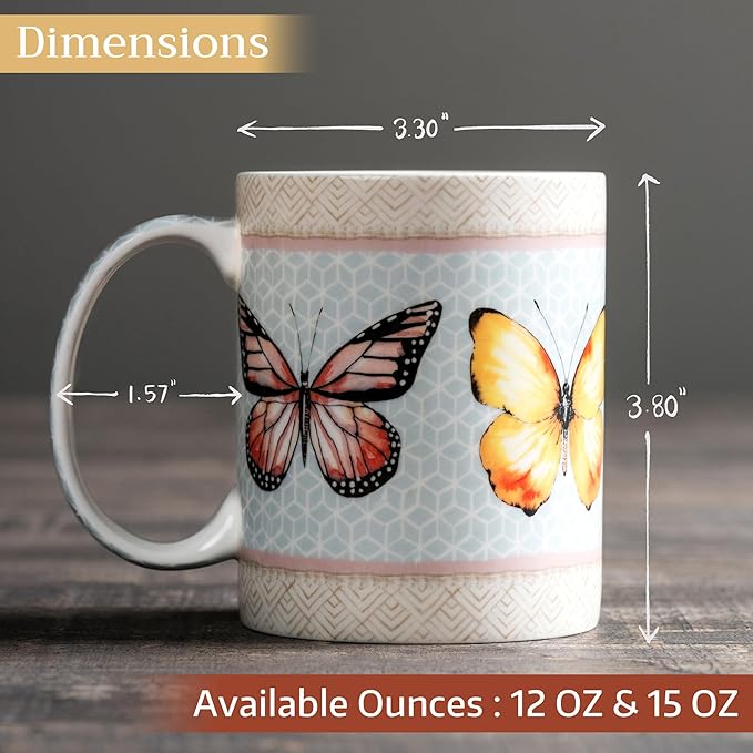Maison d' Hermine Coffee Mug with Handles Fine Bone China Mugs Pack of One Tea Cups for Hot Beverages Cappuccino Latte Home Office Perfect for Gift (Blossoms In Spring - Butterfly, 15 Ounce)