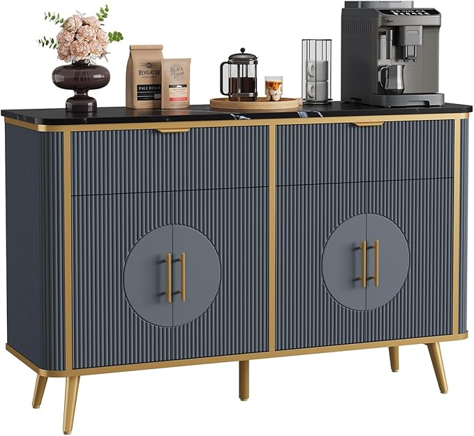 47.2" Buffet Storage Cabinet, Modern Fluted Coffee Bar Station with 2 Drawers & Adjustable Shelves, Kitchen Sideboard Buffet for Dining Room, Living Room, Hallway, Navy Blue