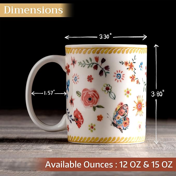Maison d' Hermine Coffee Mug with Handles Fine Bone China Mugs Pack of Two Tea Cups for Hot Beverages Cappuccino Latte Home Restaurant Office Perfect for Gift (Happy Florals - Sweety, 15 Ounce)