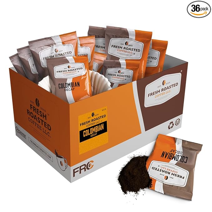 Fresh Roasted Coffee, 100% Colombian Decaf, Kosher, EA Natural Decaf, Pre-Ground Fractional Packs, 2.25 Ounce, 36 Count