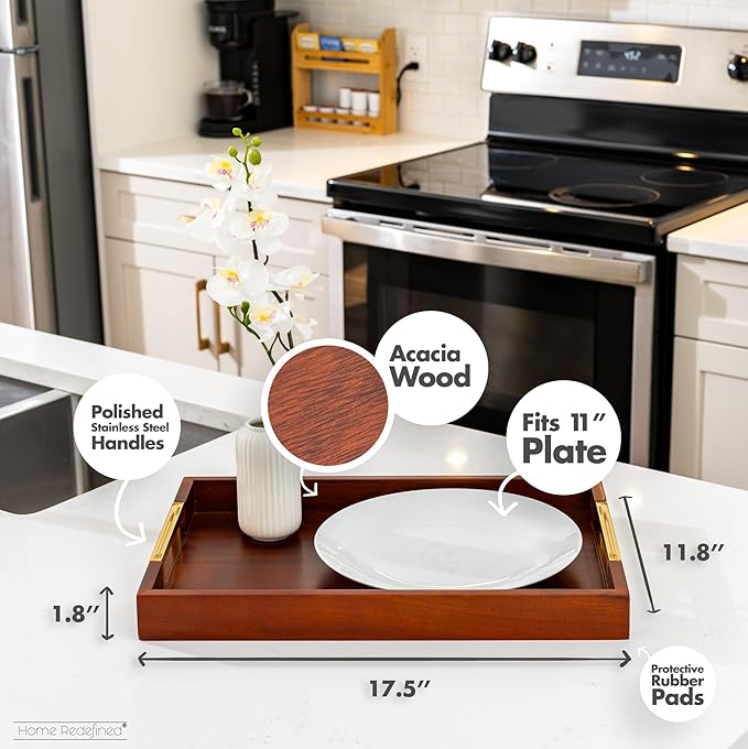 Acacia Wood Serving Tray with Polished Gold Stainless Steel Metal Handles, 17.5x12in, Ottoman Food Drinks Coffee Table, Breakfast, Dinner & Bar, Kitchen, Bedroom, Gift, Luxury Tray. Mens Display.
