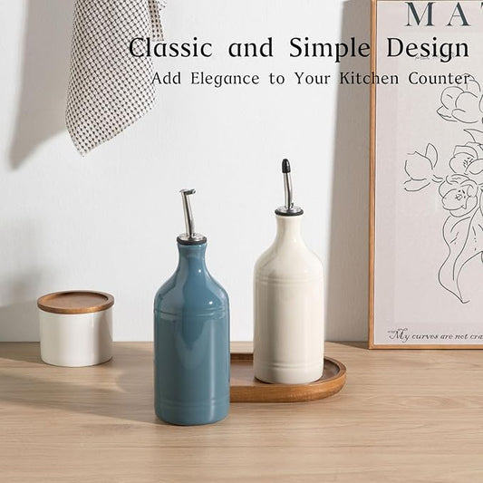 Sweejar Ceramic Olive Oil Dispenser Bottle Set, Opaque Oil Cruet Protects to Reduce Oxidation, Suitable For Storage Of Vinegar, Soy Sauce & Other Liquids,Pack of 2,15.5 Fl Oz (Beige Fogblue)