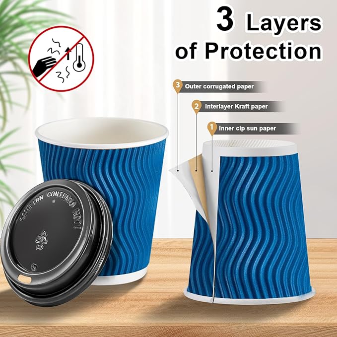 Clawsoff 100 Pack Coffee Cups with Lids 8 oz, Disposable Insulated Ripple Wall To Go Paper Coffee Cups for Hot/Cold Drinks Office Home Shop Event (Navy)
