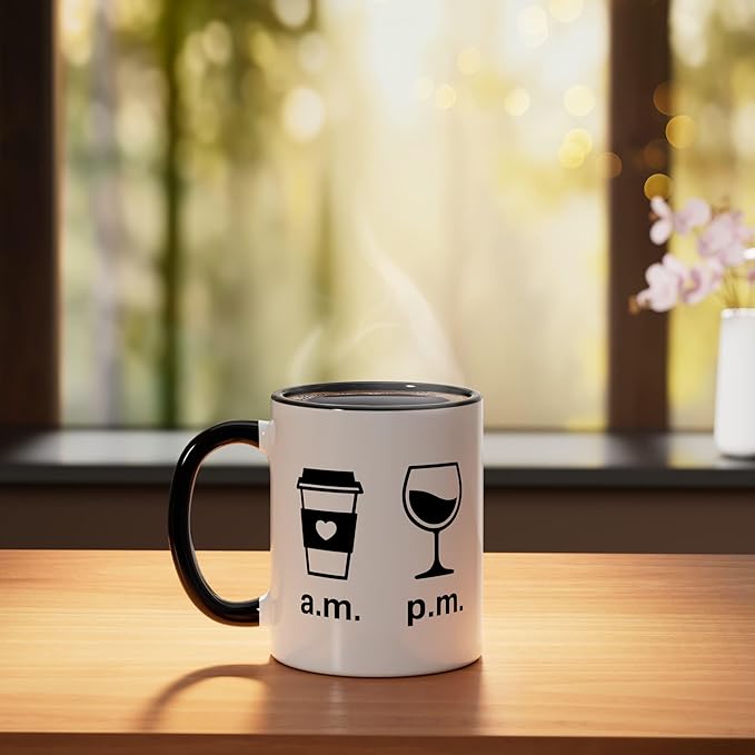 Coffee AM Wine PM - Funny Minimalist Coffee Wine Lover Ceramic Mug, Black/White
