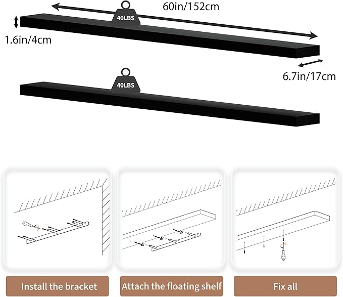 60 inch Long Floating Shelves for Wall,Solid Wood Long Shelves Set of 2,Rustic Wall Mounted Shelves with Invisible Brackets for Decor & Storage (Black, 60 Inch)
