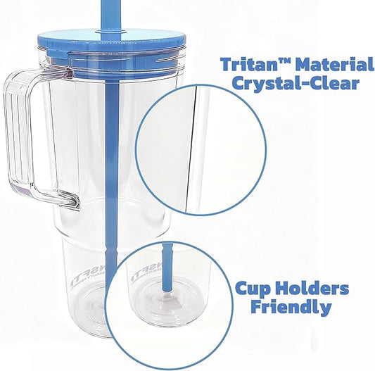 40oz Insulated Blue Tumbler with Handle and Lid & Straw, Reusable Travel Mug for Clod and Hot Drinks, Double-Wall Plastic Water Bottle,Crystal-Clear,Car Cup Holder Fit, Leakproof,BPA-Free