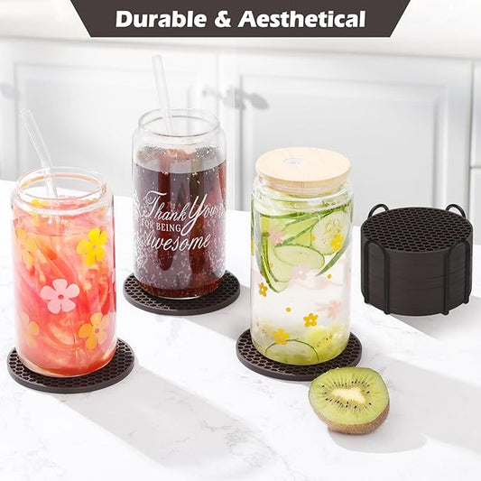 Silicone Coaster Set of 8 with Holder, Drinks Coasters, Coffee, Anti-Slip, Non-Stick, Anti-Overflow Tabletop Protection and Decor (8 Pcs, Coffee)