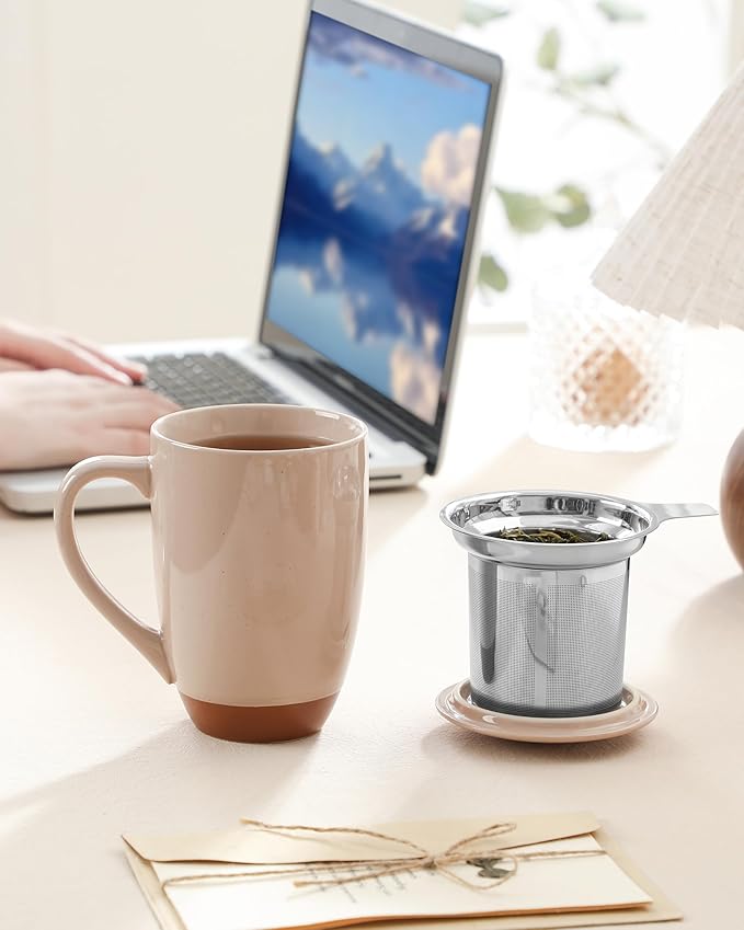 MALACASA Ceramic Tea Mug with Lid and Stainless Steel Infuser, 18 oz Large Tea Cup for Loose Leaf Tea, Heat-Resistant, Microwave & Dishwasher Safe, Speckled Glaze Coffee & Tea Brewer Mug, Khaki Pink