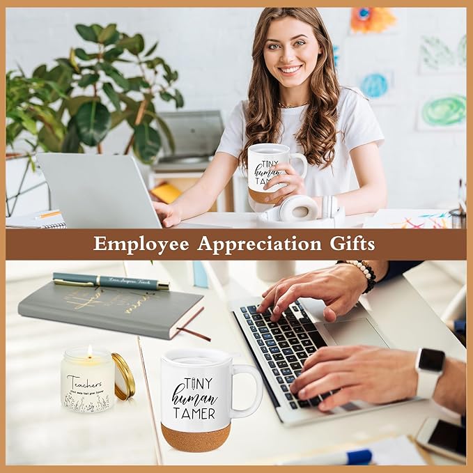 4 Pcs Tiny Humans Tamer Teacher Appreciation Gift Set for Mom Preschool Kindergarten Daycare Teacher Thank You Notebook Coffee Mug Cup with Lid Scented Candle Ballpoint Pen