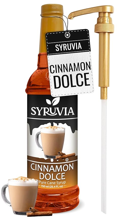 Syruvia Coffee Syrup, Cinnamon Dolce Flavored Syrup for Drinks, Lattes, and Desserts – 25.4 fl oz, With Pump