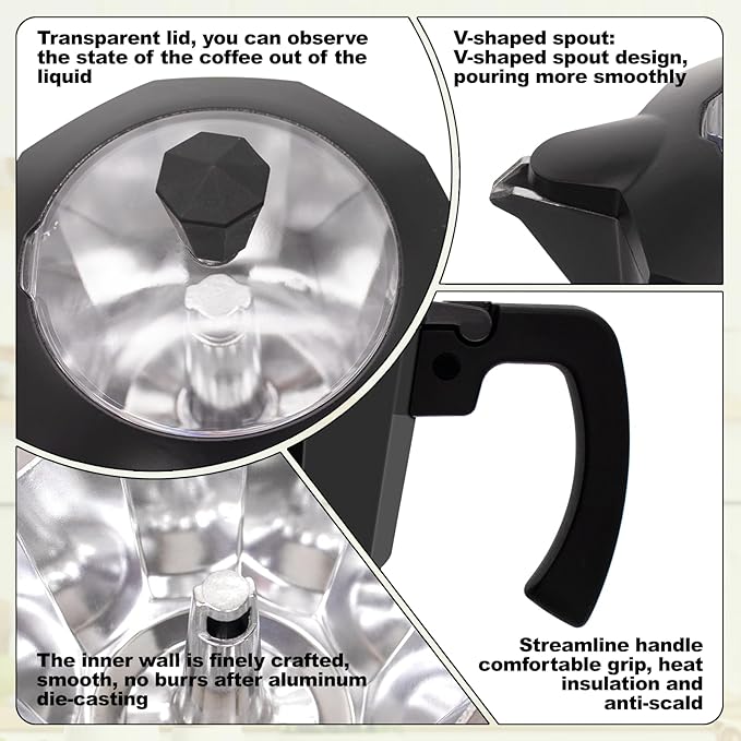 Vaolvpant Electric Aluminum Moka Pot 5-6 Cup 270ml Espresso Maker with Detachable Base Ideal Coffee Makers for Home MochaPot Italian and Cuban Café Coffeemaker Espressomaker CoffeePot Black