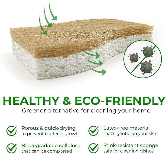 AIRNEX Biodegradable Natural Kitchen Sponge - Compostable Cellulose and Coconut Walnut Scrubber Sponge (24 Pack)