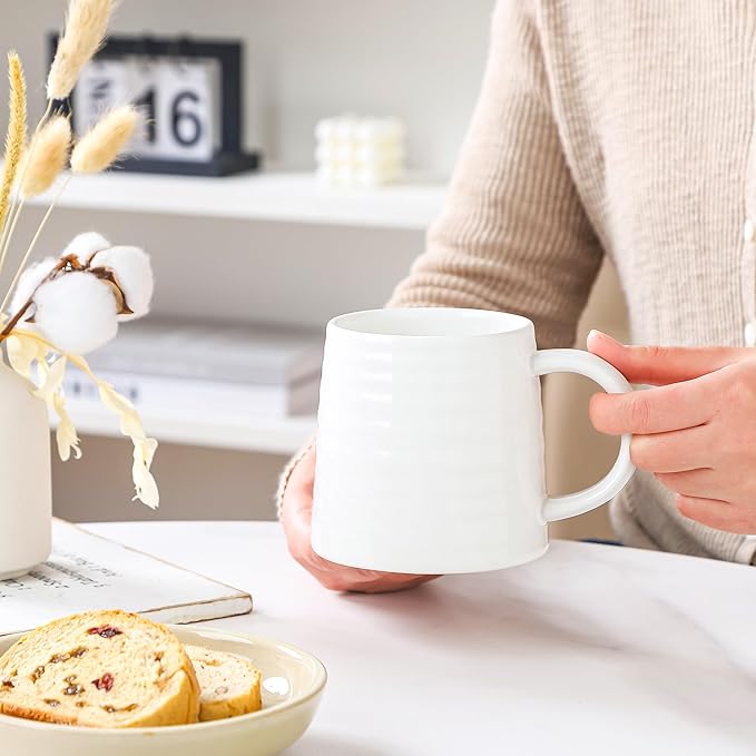 Large Ceramic Coffee Mug, Handmade Pottery Mugs, Tea Cups with Big Handle for Office and Home, 15.5 oz, Dishwasher and Microwave Safe (White)