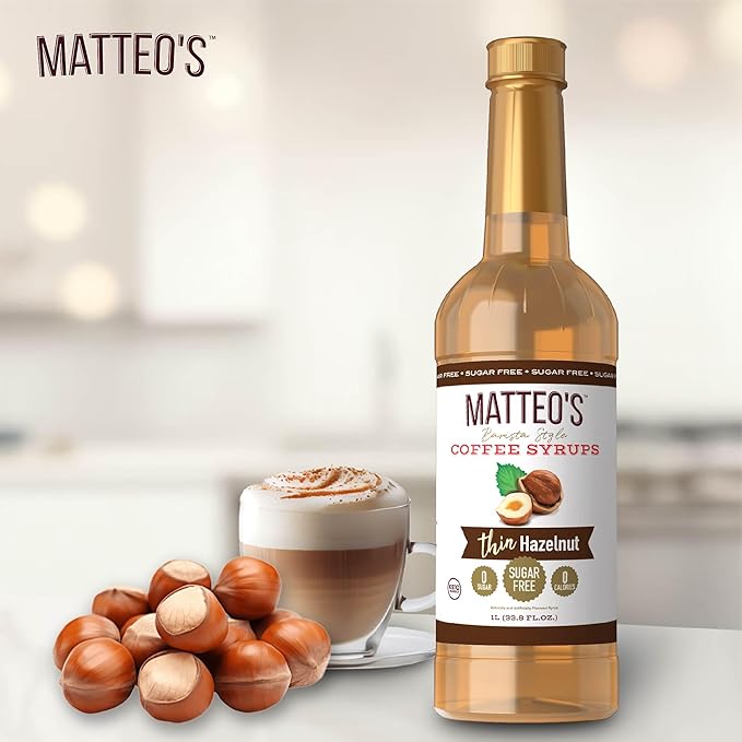 Matteo's Hazelnut Syrup for Coffee, Lattes, Cappuccinos & Desserts – Sugar-Free Sweetener for Beverages, Keto Friendly, Zero Calories, Indulgent Flavor, Non-Alcoholic, Ideal for Coffee 33.8oz (1pk)