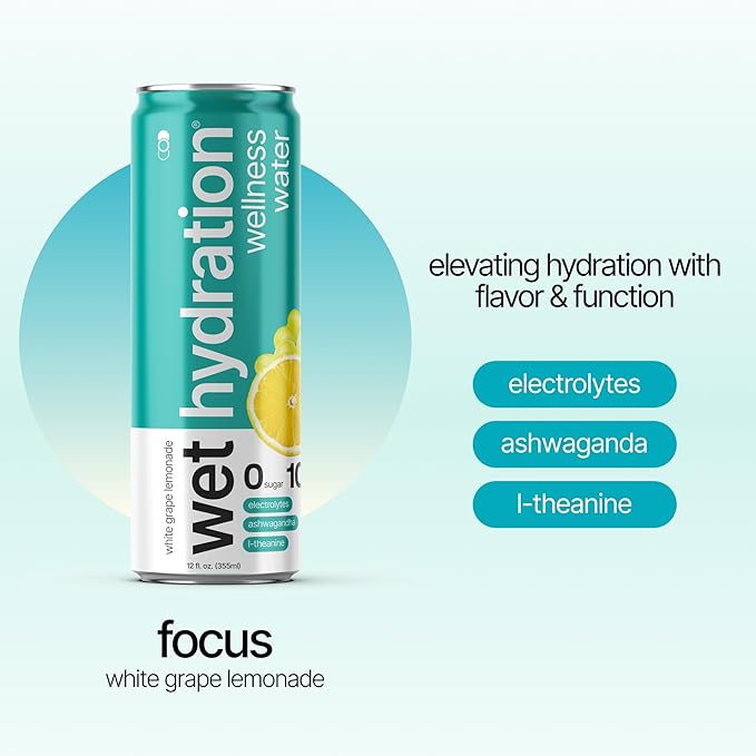 Wet Hydration Wellness Water | Electrolyte Drink with Ashwagandha & L-Theanine – White Grape Lemonade (12oz Cans, Pack of 12) | Zero Sugar, 10 Calories, Zero Bubbles, Functional Hydration