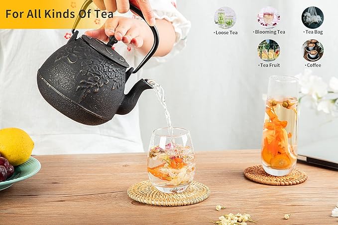 Tea Kettle, TOPTIER Japanese Cast Iron Teapot with Infuser, Leaf Design Cast Iron Tea Pot Stovetop Safe Coated with Enameled Interior for 40 Ounce (1200 ml), Dark Green