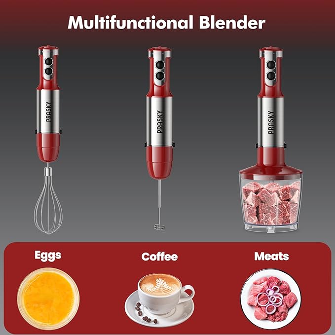 Immersion Blender Handheld Hand Blenders, 20 Speed & Turbo Mode Hand Held Blender, Heaviest Duty Copper Motor, Stainless Steel Blades, Milk Frother Wand, Whisk, 600ml Beaker, 500ml Chopper (Red)