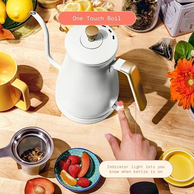 Electric Gooseneck Kettle 1 Liter 1200W, Stainless Steel, Pour Over Coffee Tea, Auto Shut-Off, 360° Cordless Power Base (White Icing)