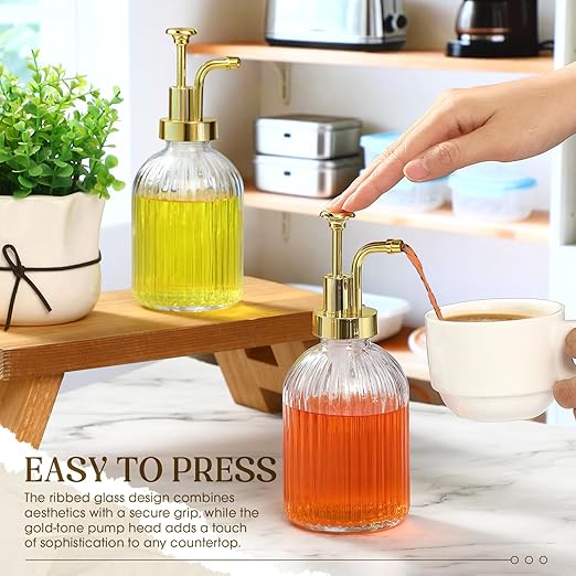 LemonRoad 4 Pcs Coffee Syrup Dispenser for Coffee Bar 10oz Glass Syrup Pump Dispenser with Gold Pump, Gold Scoop and Funnel for Bar Accessories