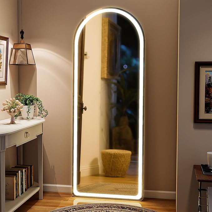 VooBang 71"x26" LED Mirror Full Length - Arched Floor Body Mirror Rounded Corners with Dimmable Lights - 3 Color Modes, Standing Leaning Wall Mounted for Bedroom, Dressing Room