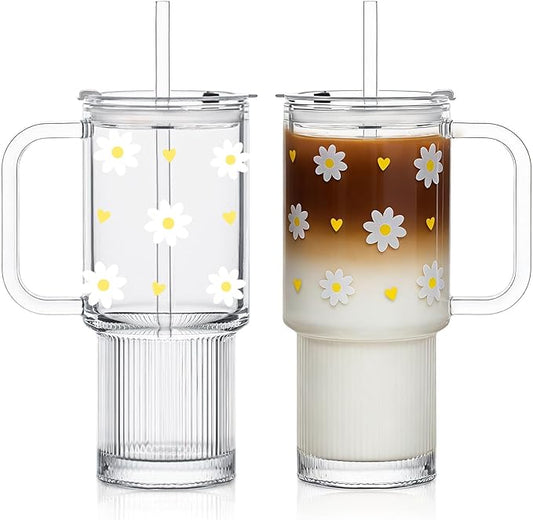 INSETLAN Daisy Glass Cups for Women, 26oz Clear Glass Tumbler with Lid and Straw, Customizable Aesthetic Flower Mug for Birthday, Mother’s Day, Christmas, Girl Gifts