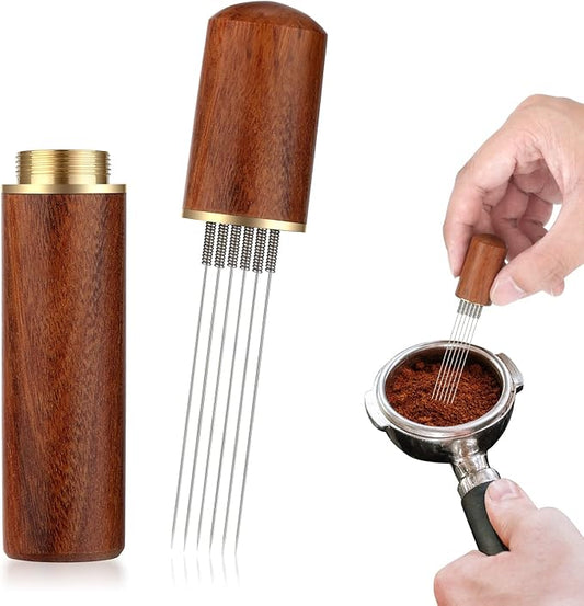 WDT Tool Espresso Accessories, Stainless Steel 6-pin Espresso Distribution Tool Espresso Stirrer WDT Tool Espresso Stirrer with Natural Walnut Handle Coffee Replaceable Needles