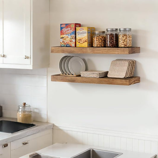 Floating Wall Shelves 24x6.8x1.7 Inch – Solid Wood Rustic Shelves in Dark Oak Finish – Wall Mounted Display Shelf for Bathroom, Kitchen, Bedroom – Set of 2