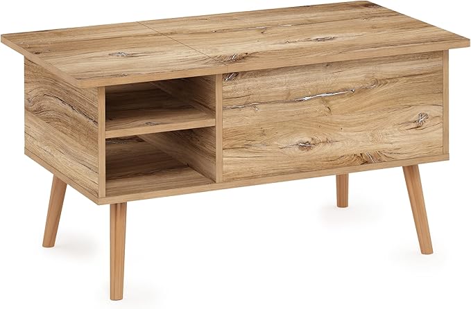 Furinno Jensen Living Room Wooden Leg Lift Top Coffee Table with Hidden Compartment and Side Open Storage Shelf, Flagstaff Oak