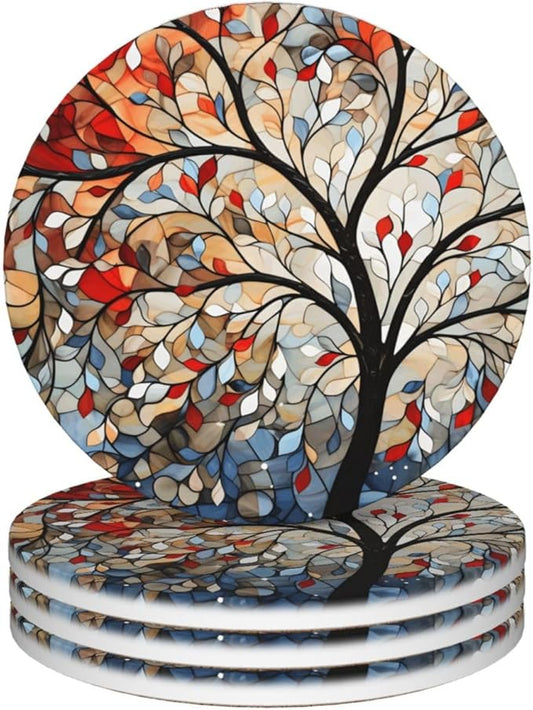 Artistic Tree Pattern Coasters for Drinks Absorbent Round Ceramic Coasters Set of 4 Non-Slip Cup Coaster with Cork Base for Coffee Table Drink Home Decor Tabletop Protection