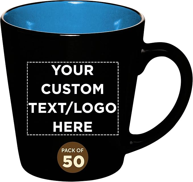 Custom Ceramic Coffee Latte Mugs 12 oz. Set of 50, Personalized Bulk Pack - Perfect for Coffee, Tea, Espresso, Hot Cocoa, Other Beverages - Blue