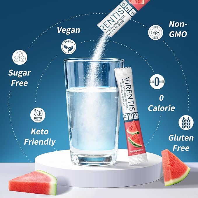 16 Sticks Electrolytes Powder Packets Sugar Free Hydration Packets Liquid Daily IV Electrolyte Drink Mix for Rehydration with 8 Electrolytes & 6 Vitamins, Low Sodium, Watermelon