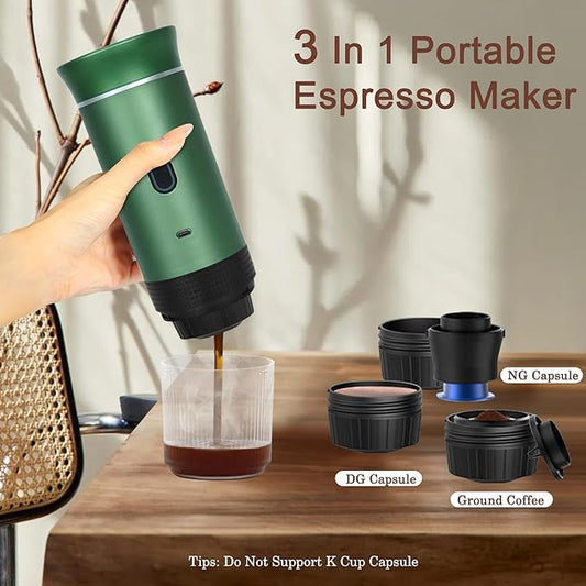 LumoShine Portable Espresso Machine, Mini Espresso Maker, Self Heating Coffee Maker Compatible with Ground Coffee, Capsule for Camping RV Hiking Outdoor Travel Green