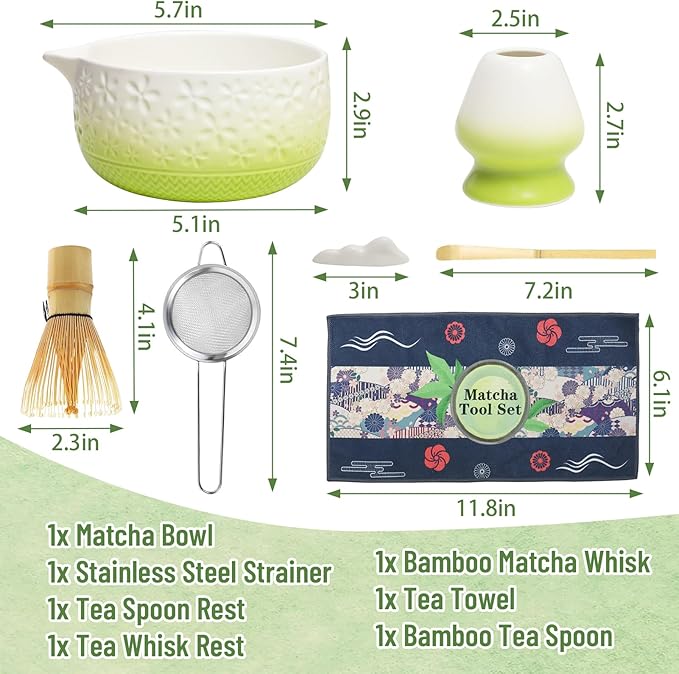 Matcha Whisk Set, 7Pcs Green Matcha Kit for Ceremony, Handcrafted Gifts for Women, Traditional Ceramic Matcha Bowl with Spout, Bamboo Whisk and Holder, Tea Set for Matcha Lovers, Gift for Christmas