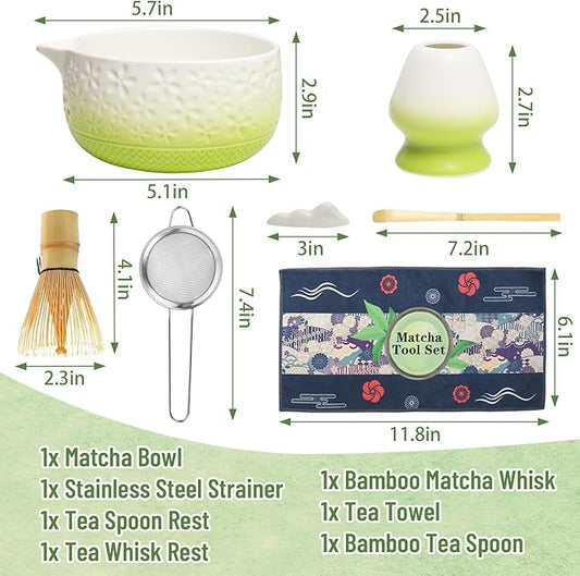Matcha Whisk Set, 7Pcs Green Matcha Kit for Ceremony, Handcrafted Gifts for Women, Traditional Ceramic Matcha Bowl with Spout, Bamboo Whisk and Holder, Tea Set for Matcha Lovers, Gift for Christmas