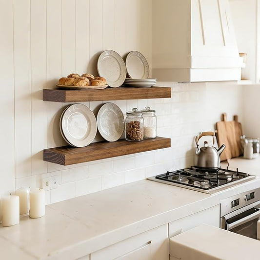 Floating Wall Shelf 16x6.8x1.7 Inch – Solid Wood Shelf in Dark Oak Finish – Wall Mounted Rustic Display Organizer for Bathroom, Kitchen, Bedroom, Small Spaces – Set of 2