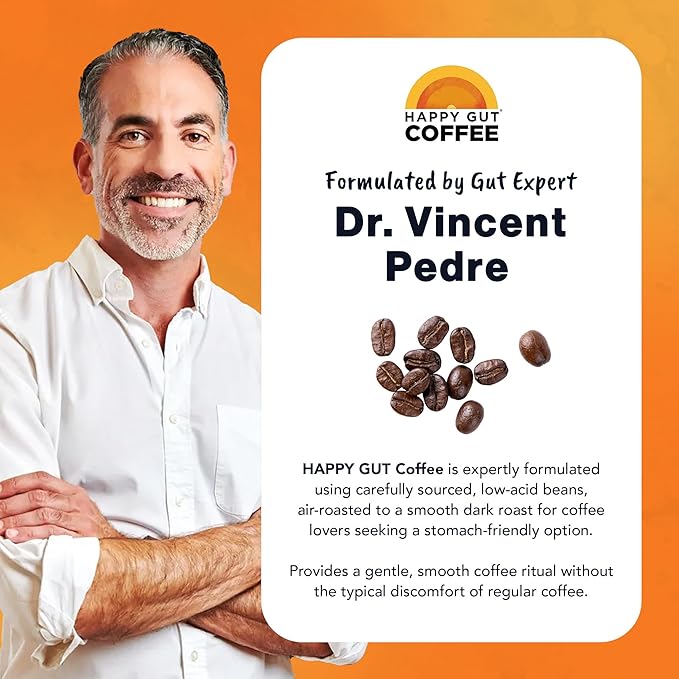 Happy Gut Coffee - Doctor-Formulated, Organic Medium-to-Dark Roast Coffee - Gut-Friendly - Gentle on Stomach - Rich Flavor, Gluten-Free, No Bitterness - 12oz - SMOOTH - Whole Bean