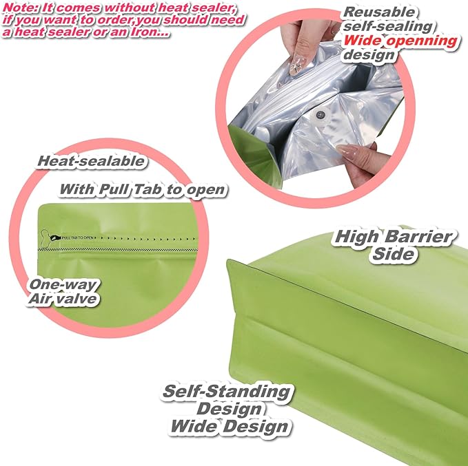 60 Pack High Barrier Stand-Up Coffee Bean Bags with Vented Valve Matte Metallic Heat-Sealable & Resealable Solid Color Pouches (Square,7.7 * 8 inch,1 lb,Avocado Green)