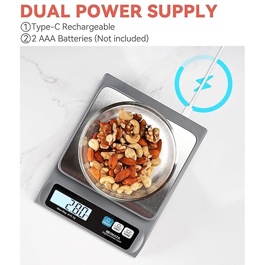 BOMATA 0.1g/ 13lb Food Scale, USB Rechargeable, Digital Kitchen Scale with Removable Stainless Steel Pan, Backlit LCD Display, for Cooking, Baking B621 Grey