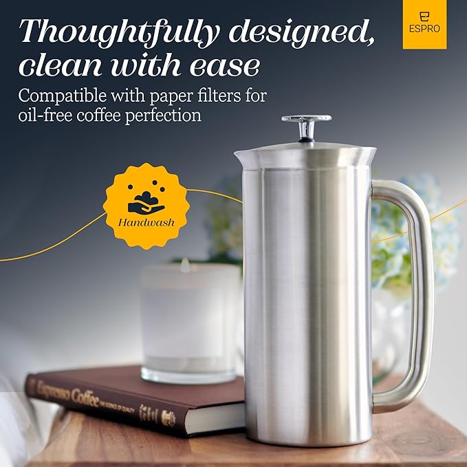 ESPRO P7 Brushed Stainless Steel French Press 304 – Patented Double Walled Micro-Filter Insulated French Press Coffee Maker, Grit-Free Brew - Heat Resistant BPA Free (32oz)