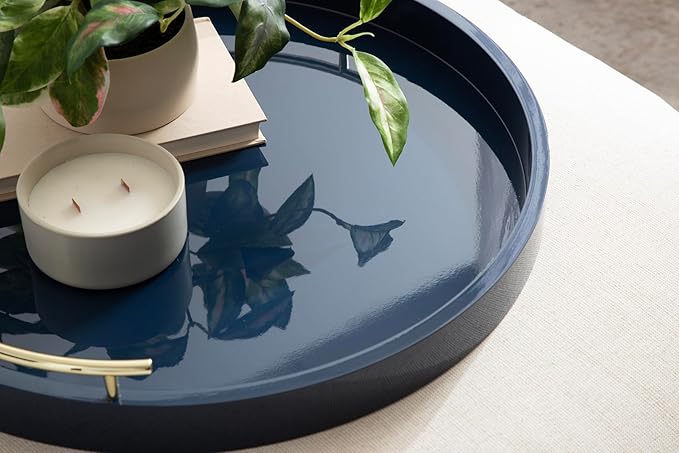 Kate And Laurel Lipton Modern Round Ottoman Tray, 22 Inch Diameter, Navy and Gold, Decorative Circle Coffee Table Tray for Living Room Decor or Large Serving Tray