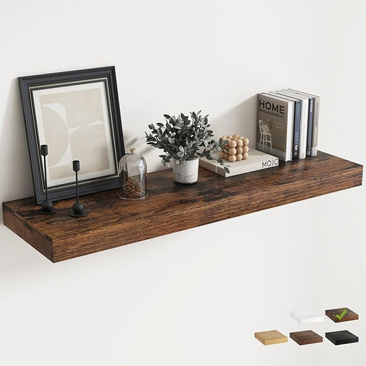 12" Deep Floating Shelves for Wall with Invisible Brackets, Wall Mounted Engineered Wood Shelves with Wood Grain for Living Room, Bedroom, Kitchen Decor and Storage, 48"L Set of 1, Rustic Brown