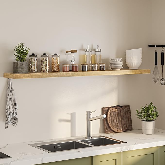 Floating Shelves for Wall, 72"W x 9.3"D x 1.5"H, Long Wooden Wall Mounted Display Shelves with Invisible Brackets for Living Room, Bedroom, Bathroom, Kitchen Decor and Storage, Set of 1, Oak